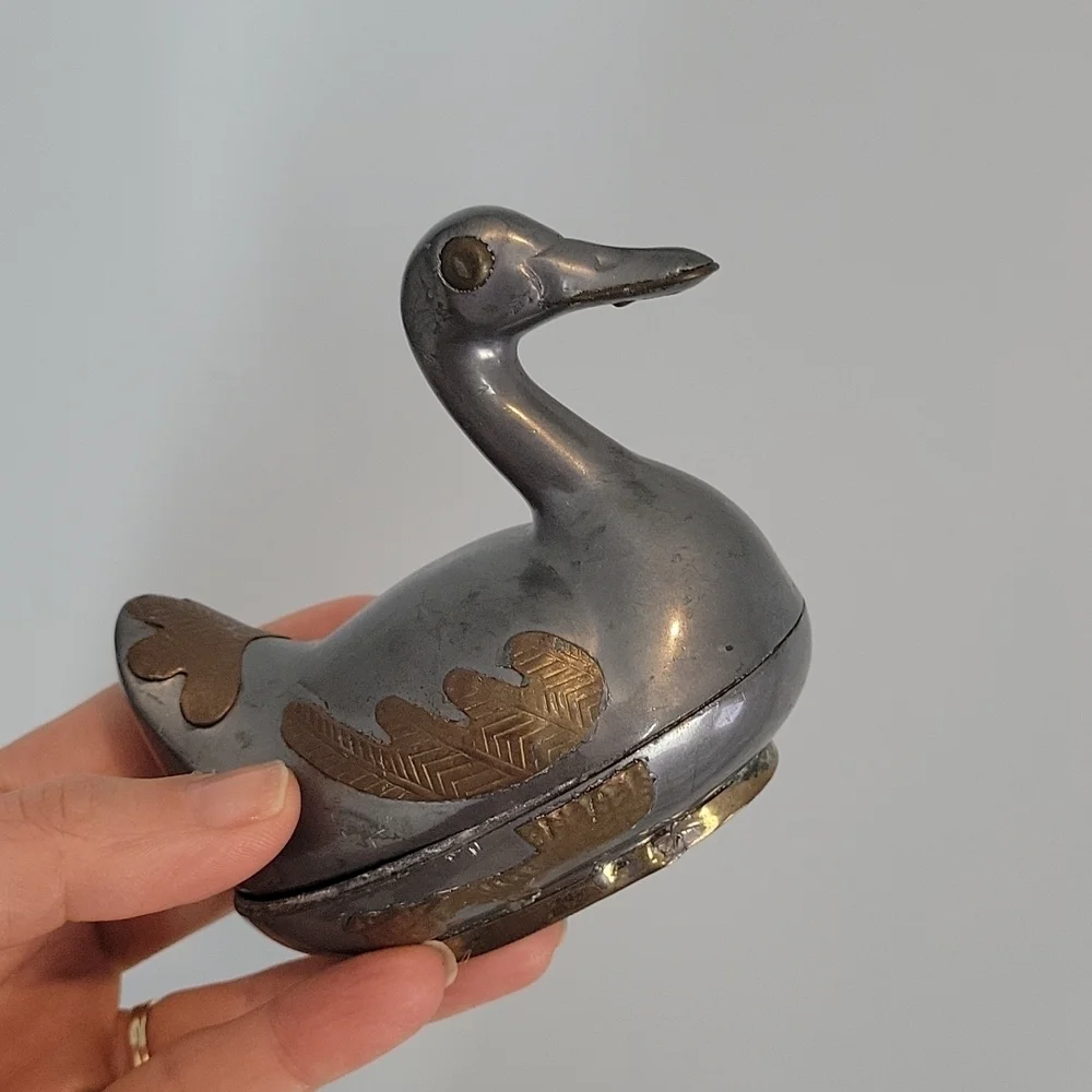 Vintage Chinese Pewter & Brass Overlay Duck Trinket boxes set of 3